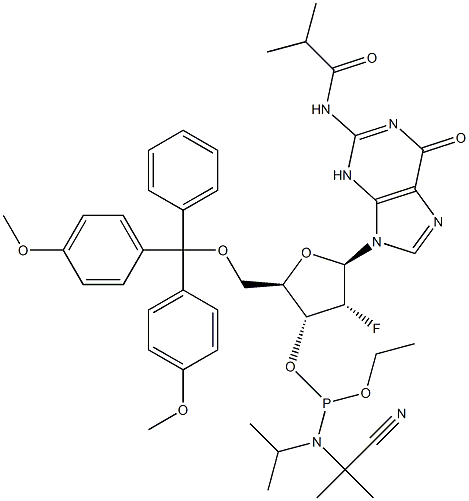 5'-O-[Bis(4-metoxyphenyl)phenylmetyl]-2'-deoxy-2'-flo-N-(2-metyl-1-oxopropyl)guanosin 3'-[2-cyanoetyl N,N-bis( 1-metyletyl)photphoramit]
